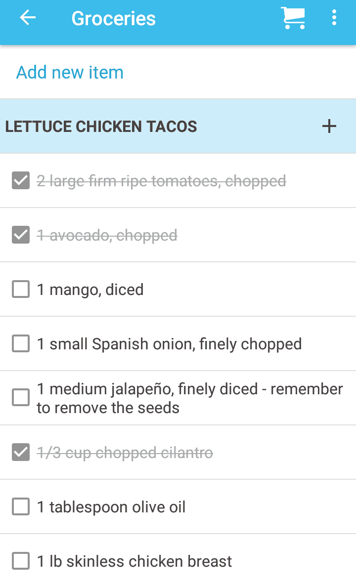 unchecking the boxes for the ingredient list