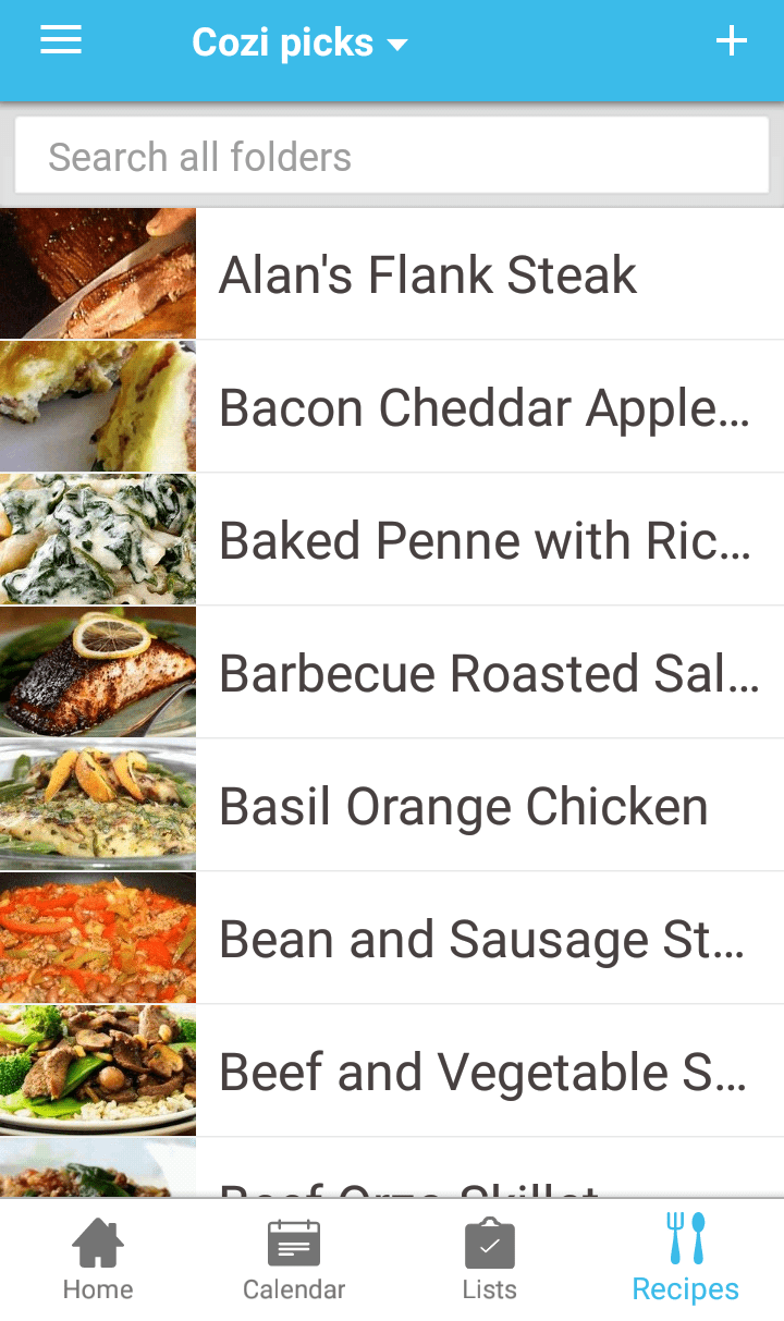 cozi recipe app showing list of recipes