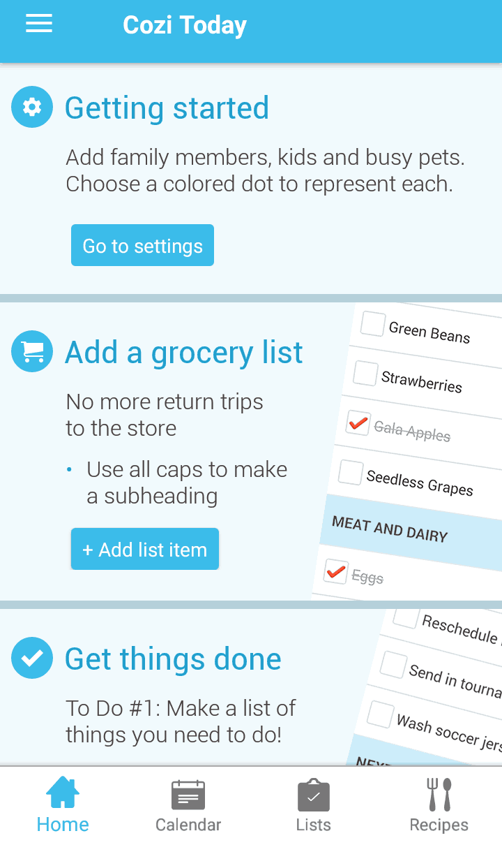 A view of the cozi app features