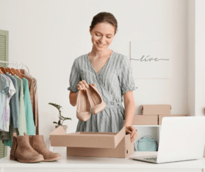 woman holding shoes to sell stuff locally