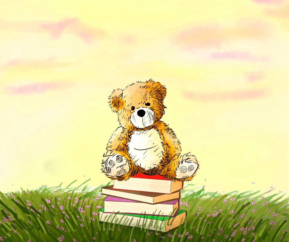 illustrated photo of a teddy on a pile of books.